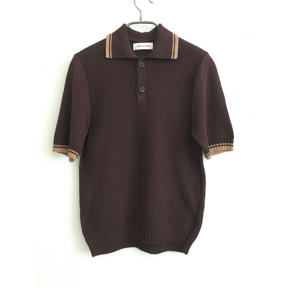 Ernest W Baker Knit Polo Shirt Mens M 48 Brown Cotton Textured Made Portugal
